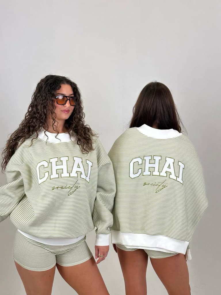 The Chai Society crewneck and matching shorts, worn front and back